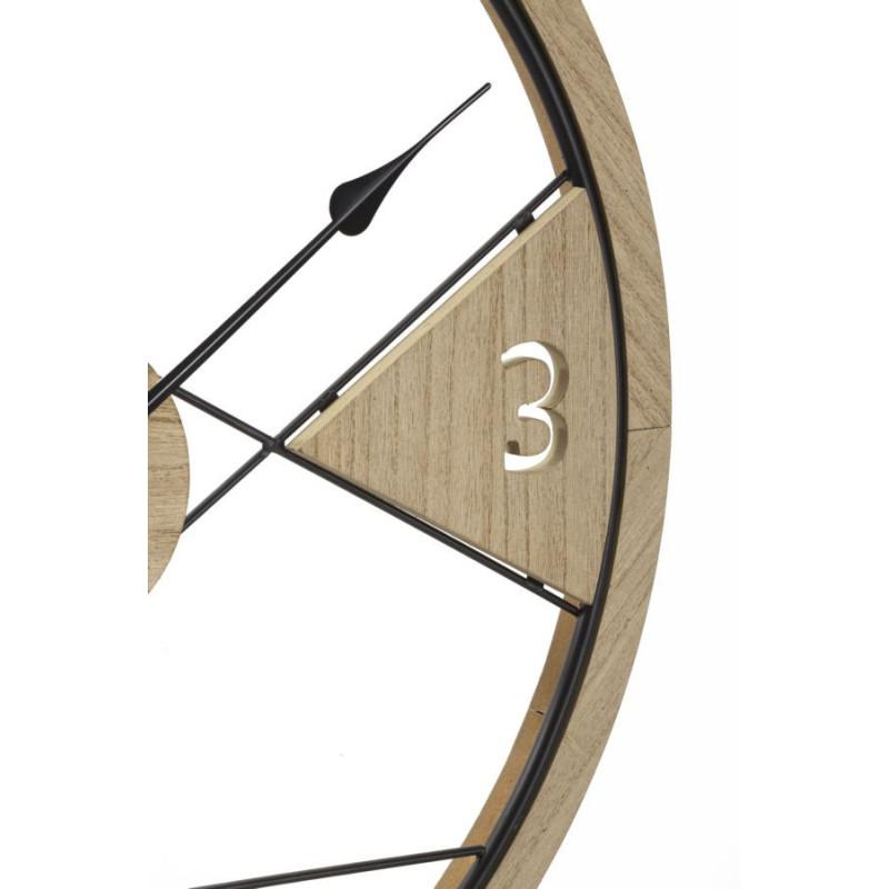 Grande Horloge murale moderne Ronde 60 cm en Métal Noir Bois Naturel Geometric 