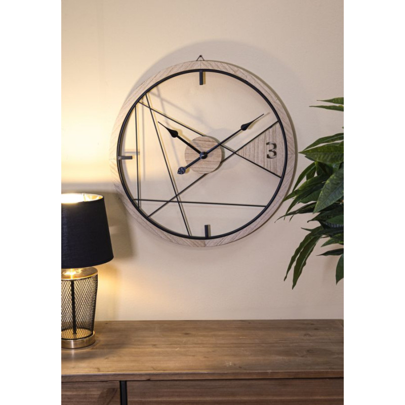 Grande Horloge murale moderne Ronde 60 cm en Métal Noir Bois Naturel Geometric 