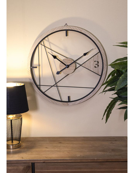 Grande Horloge murale moderne Ronde 60 cm en Métal Noir Bois Naturel Geometric 