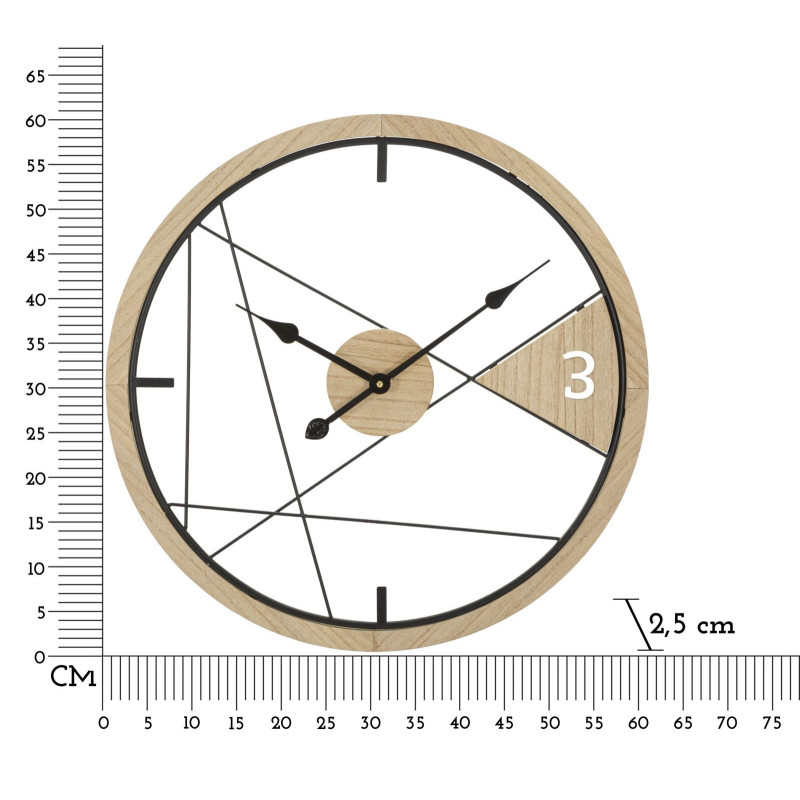 Grande Horloge murale moderne Ronde 60 cm en Métal Noir Bois Naturel Geometric 