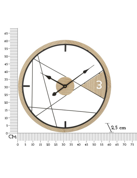 Grande Horloge murale moderne Ronde 60 cm en Métal Noir Bois Naturel Geometric 