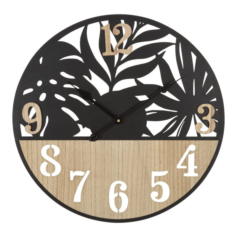 Grande Horloge murale moderne Feuilles Ronde 60 cm en Métal Noir Bois Naturel Palm 