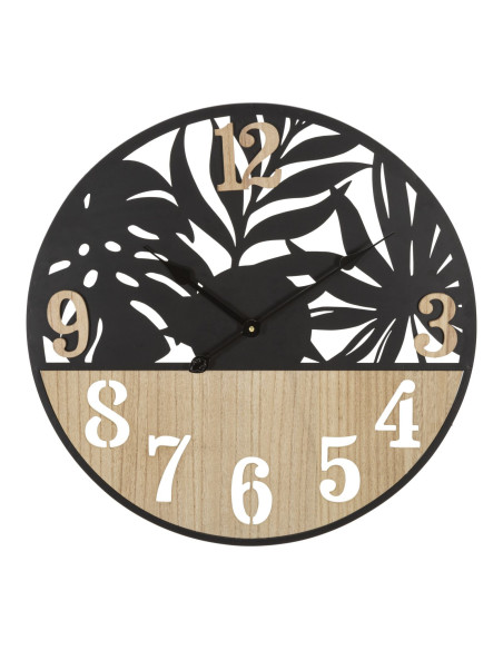 Grande Horloge murale moderne Feuilles Ronde 60 cm en Métal Noir Bois Naturel Palm 