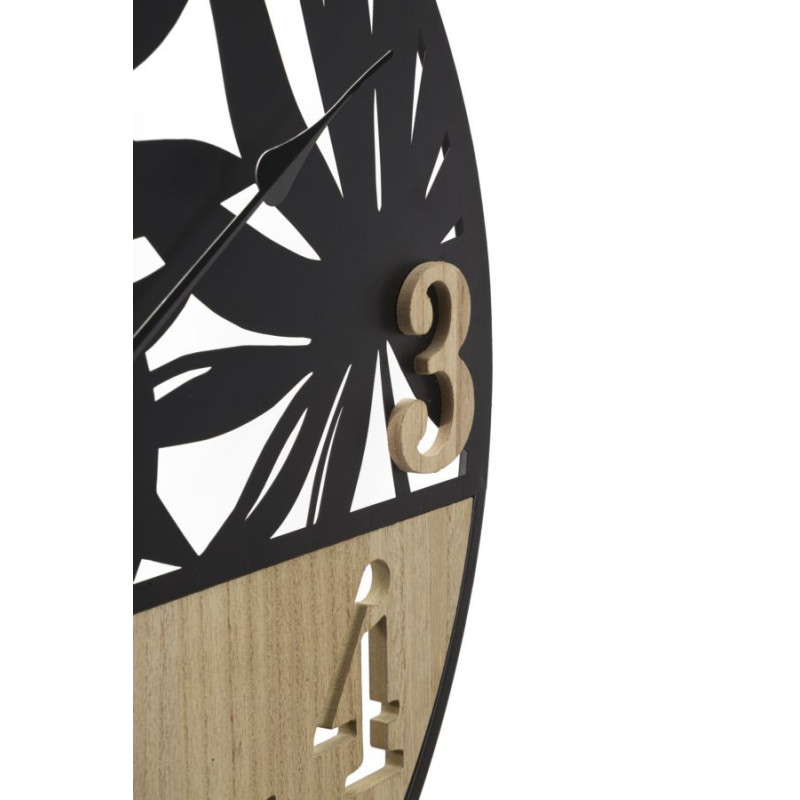 Grande Horloge murale moderne Feuilles Ronde 60 cm en Métal Noir Bois Naturel Palm 