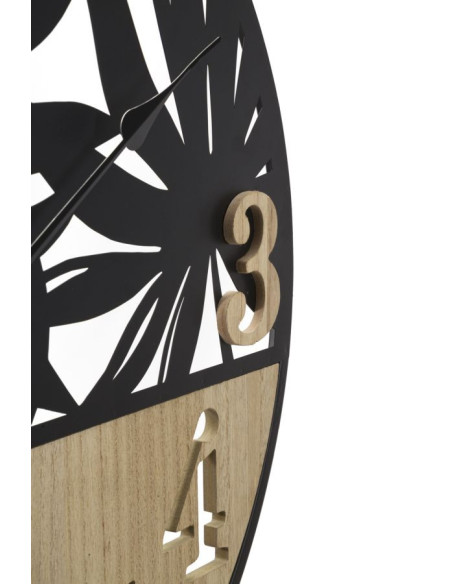 Grande Horloge murale moderne Feuilles Ronde 60 cm en Métal Noir Bois Naturel Palm 