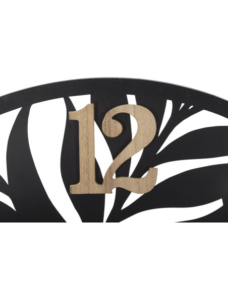 Grande Horloge murale moderne Feuilles Ronde 60 cm en Métal Noir Bois Naturel Palm 