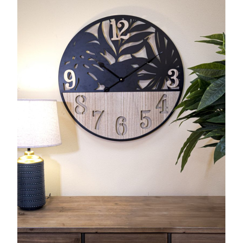Grande Horloge murale moderne Feuilles Ronde 60 cm en Métal Noir Bois Naturel Palm 