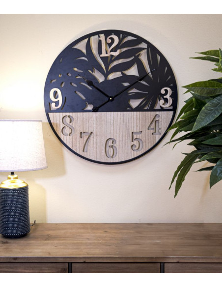 Grande Horloge murale moderne Feuilles Ronde 60 cm en Métal Noir Bois Naturel Palm 
