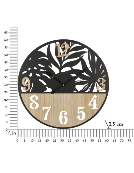 Grande Horloge murale moderne Feuilles Ronde 60 cm en Métal Noir Bois Naturel Palm 