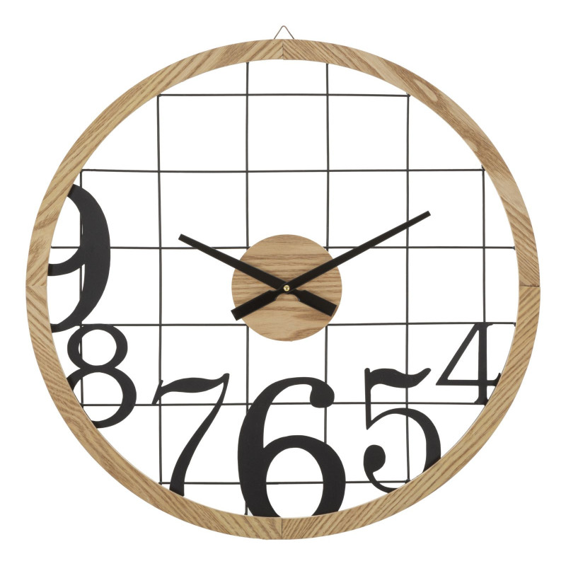 Grande Horloge murale moderne Ronde 60 cm en Métal Noir Bois Naturel Numbers 