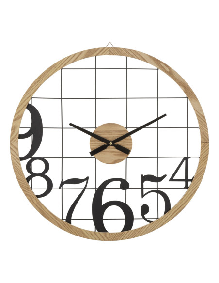Grande Horloge murale moderne Ronde 60 cm en Métal Noir Bois Naturel Numbers 