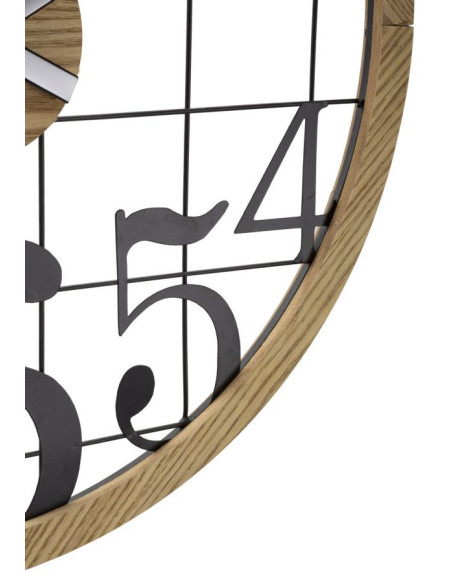 Grande Horloge murale moderne Ronde 60 cm en Métal Noir Bois Naturel Numbers 