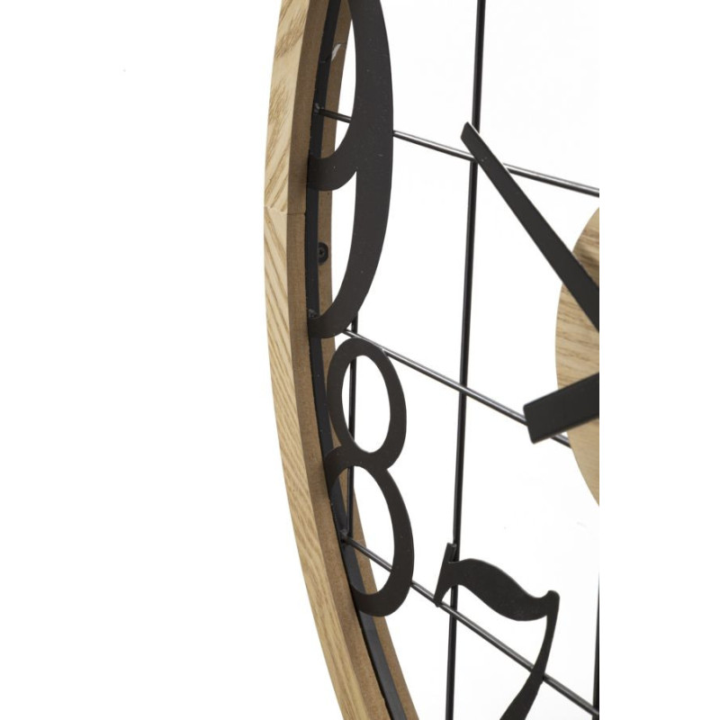 Grande Horloge murale moderne Ronde 60 cm en Métal Noir Bois Naturel Numbers 