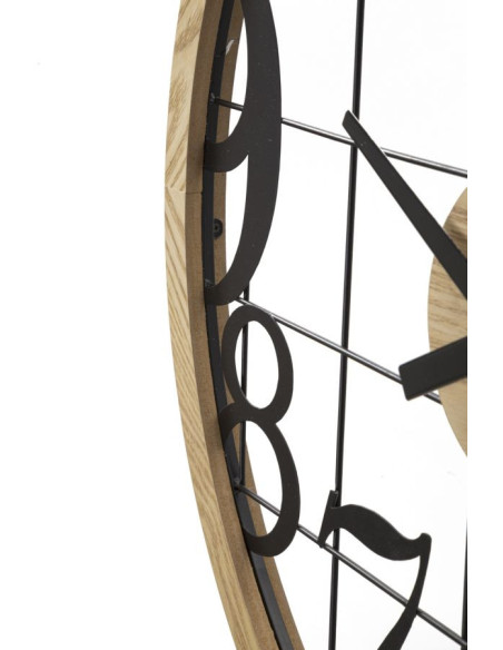 Grande Horloge murale moderne Ronde 60 cm en Métal Noir Bois Naturel Numbers 