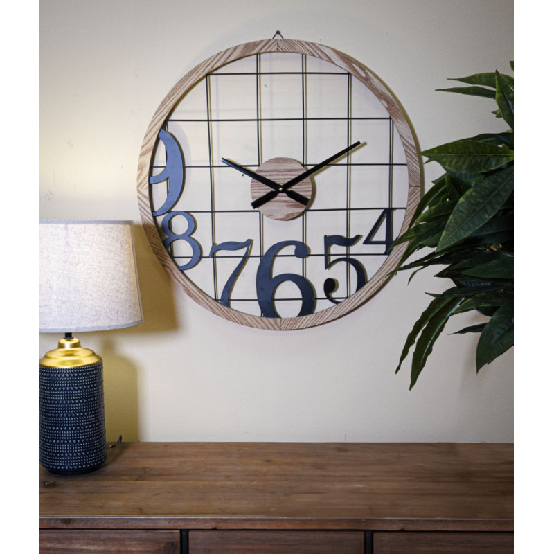 Grande Horloge murale moderne Ronde 60 cm en Métal Noir Bois Naturel Numbers 