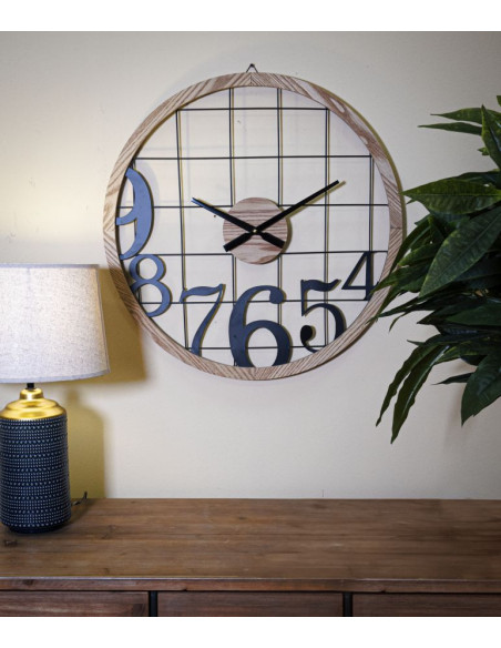 Grande Horloge murale moderne Ronde 60 cm en Métal Noir Bois Naturel Numbers 