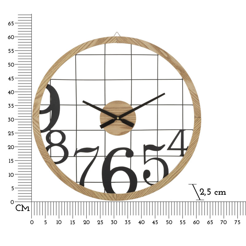 Grande Horloge murale moderne Ronde 60 cm en Métal Noir Bois Naturel Numbers 