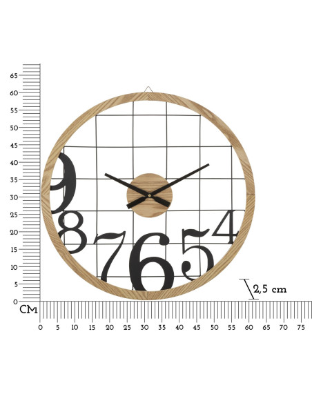 Grande Horloge murale moderne Ronde 60 cm en Métal Noir Bois Naturel Numbers 