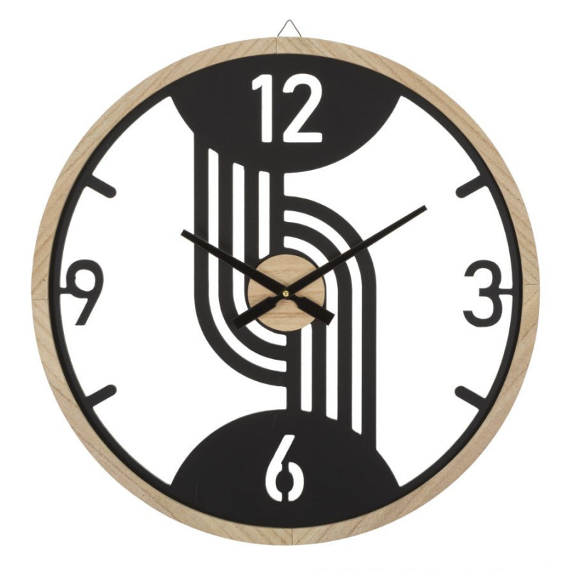 Grande Horloge murale moderne Ronde 60 cm en Métal Noir Bois Naturel Clips 