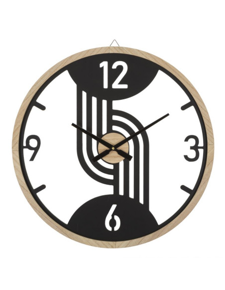 Grande Horloge murale moderne Ronde 60 cm en Métal Noir Bois Naturel Clips 