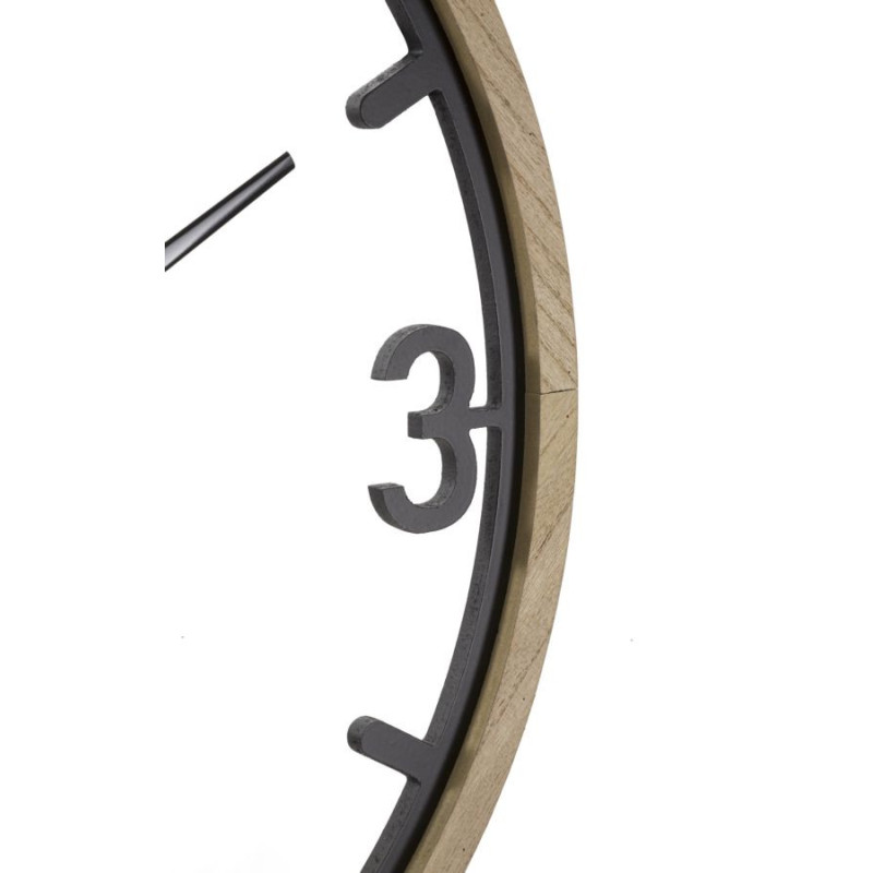 Grande Horloge murale moderne Ronde 60 cm en Métal Noir Bois Naturel Clips 