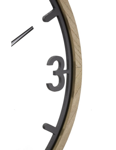 Grande Horloge murale moderne Ronde 60 cm en Métal Noir Bois Naturel Clips 