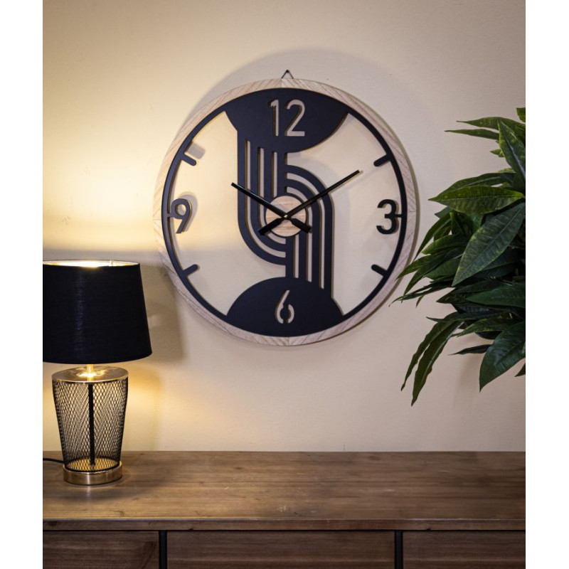 Grande Horloge murale moderne Ronde 60 cm en Métal Noir Bois Naturel Clips 