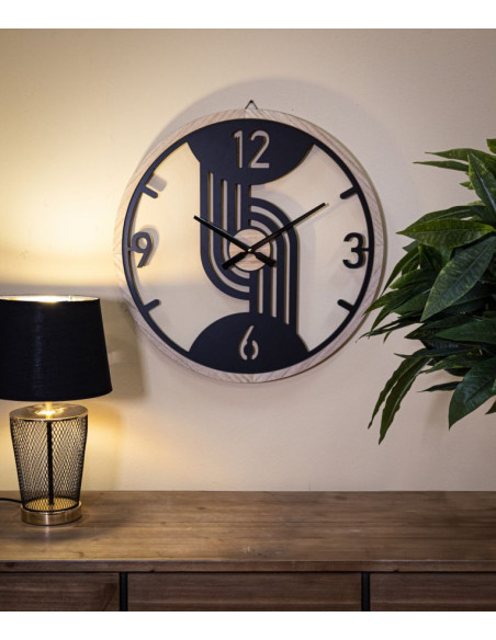 Grande Horloge murale moderne Ronde 60 cm en Métal Noir Bois Naturel Clips 
