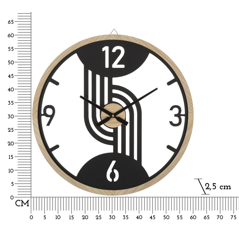Grande Horloge murale moderne Ronde 60 cm en Métal Noir Bois Naturel Clips 