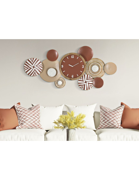 Grande Horloge murale originale Ethnique Chic 127x61 en Métal Rouge Bois Naturel Valra 