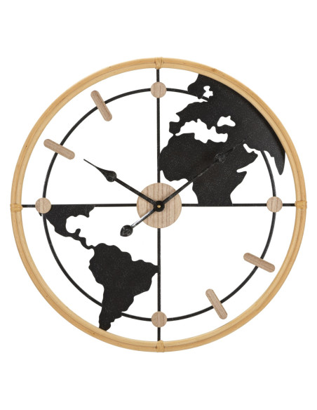 Grande Horloge murale Mappemonde Ronde 60 cm en Métal Noir Bois Naturel Delor 