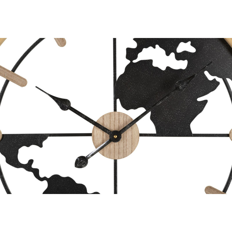 Grande Horloge murale Mappemonde Ronde 60 cm en Métal Noir Bois Naturel Delor 