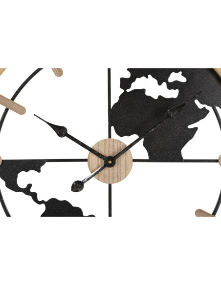 Grande Horloge murale Mappemonde Ronde 60 cm en Métal Noir Bois Naturel Delor 