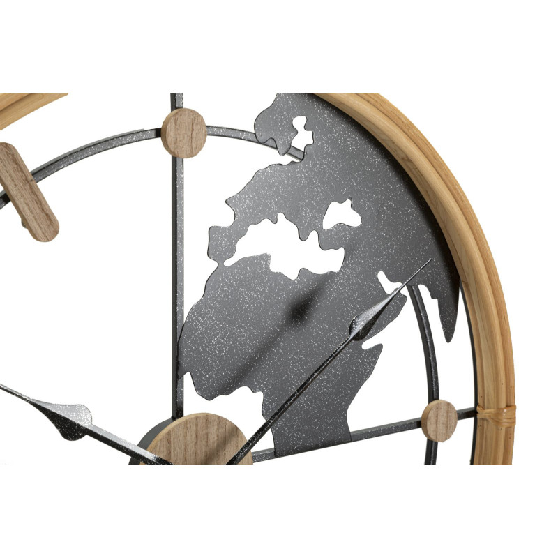 Grande Horloge murale Mappemonde Ronde 60 cm en Métal Noir Bois Naturel Delor 