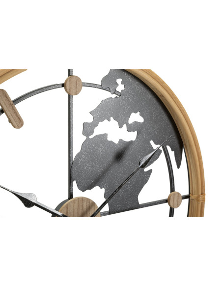 Grande Horloge murale Mappemonde Ronde 60 cm en Métal Noir Bois Naturel Delor 