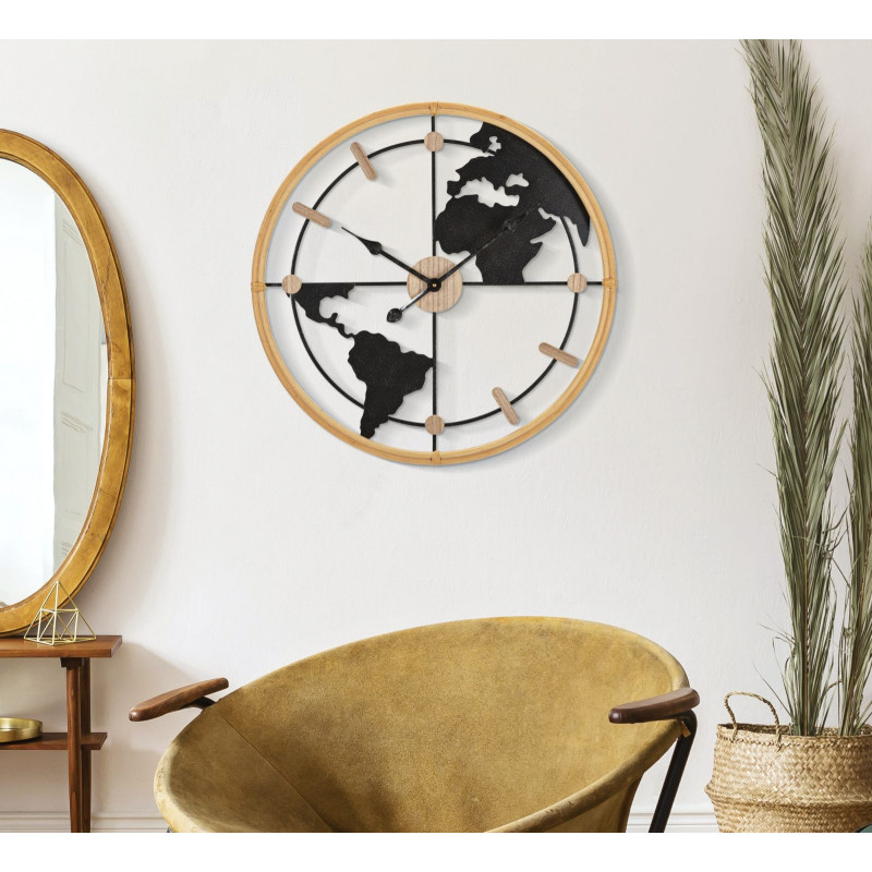 Grande Horloge murale Mappemonde Ronde 60 cm en Métal Noir Bois Naturel Delor 