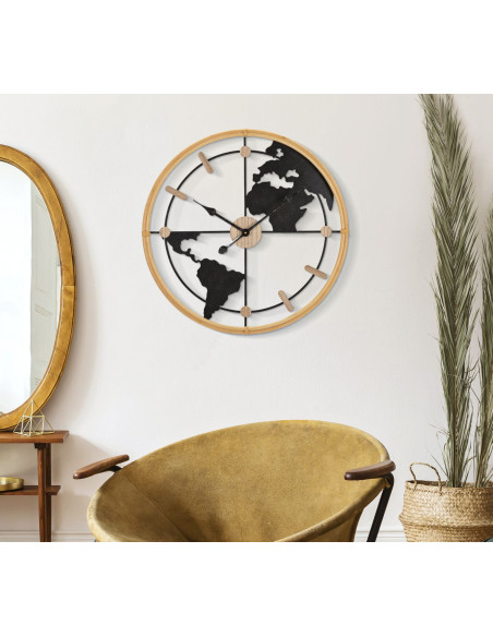Grande Horloge murale Mappemonde Ronde 60 cm en Métal Noir Bois Naturel Delor 