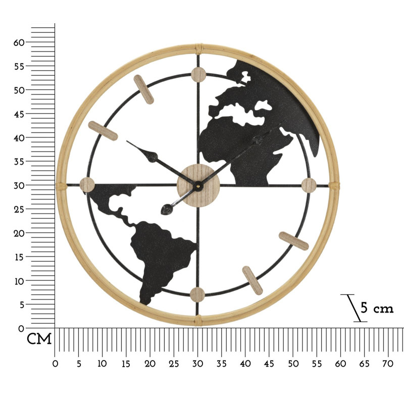 Grande Horloge murale Mappemonde Ronde 60 cm en Métal Noir Bois Naturel Delor 