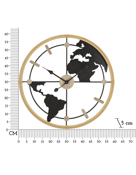 Grande Horloge murale Mappemonde Ronde 60 cm en Métal Noir Bois Naturel Delor 