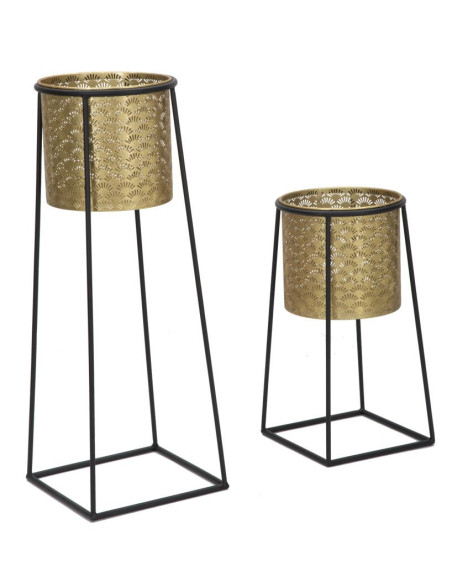 Cache pot sur pied moderne ajouré Rond en Métal Doré Noir Kylan (Lot de 2) 