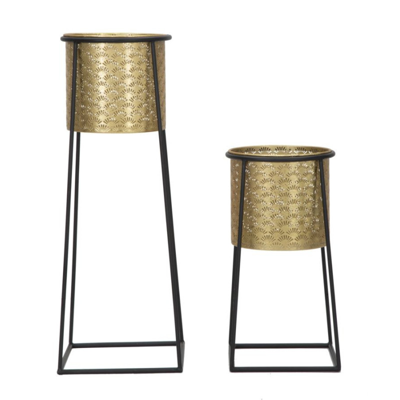 Cache pot sur pied moderne ajouré Rond en Métal Doré Noir Kylan (Lot de 2) 