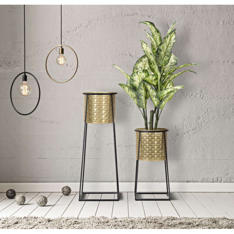 Cache pot sur pied moderne ajouré Rond en Métal Doré Noir Kylan (Lot de 2) 
