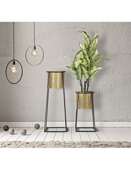 Cache pot sur pied moderne ajouré Rond en Métal Doré Noir Kylan (Lot de 2) 