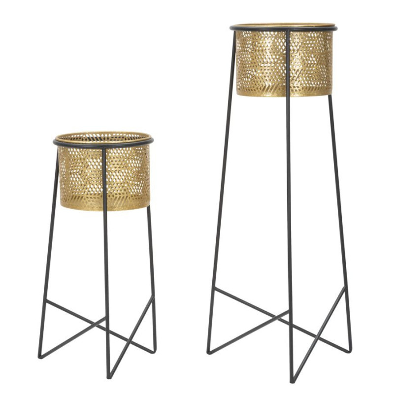 Cache pot sur pied moderne ajouré Rond en Métal Doré Noir Exy (Lot de 2) 