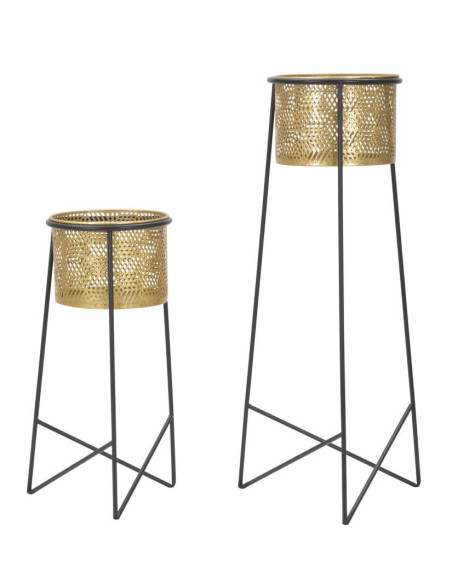 Cache pot sur pied moderne ajouré Rond en Métal Doré Noir Exy (Lot de 2) 