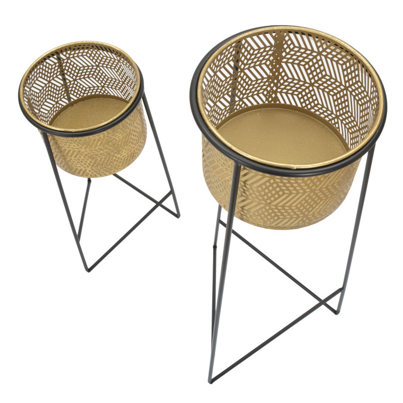 Cache pot sur pied moderne ajouré Rond en Métal Doré Noir Exy (Lot de 2) 