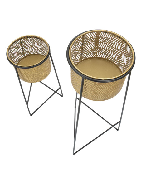 Cache pot sur pied moderne ajouré Rond en Métal Doré Noir Exy (Lot de 2) 