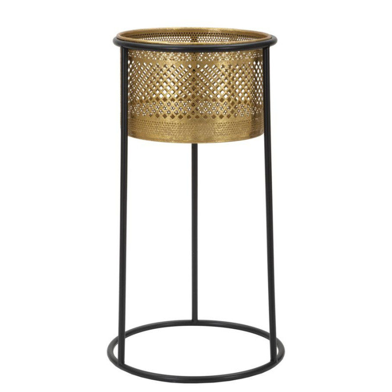 Cache pot sur pied moderne ajouré Rond Hauteur 50 cm en Métal Doré Noir Simply 