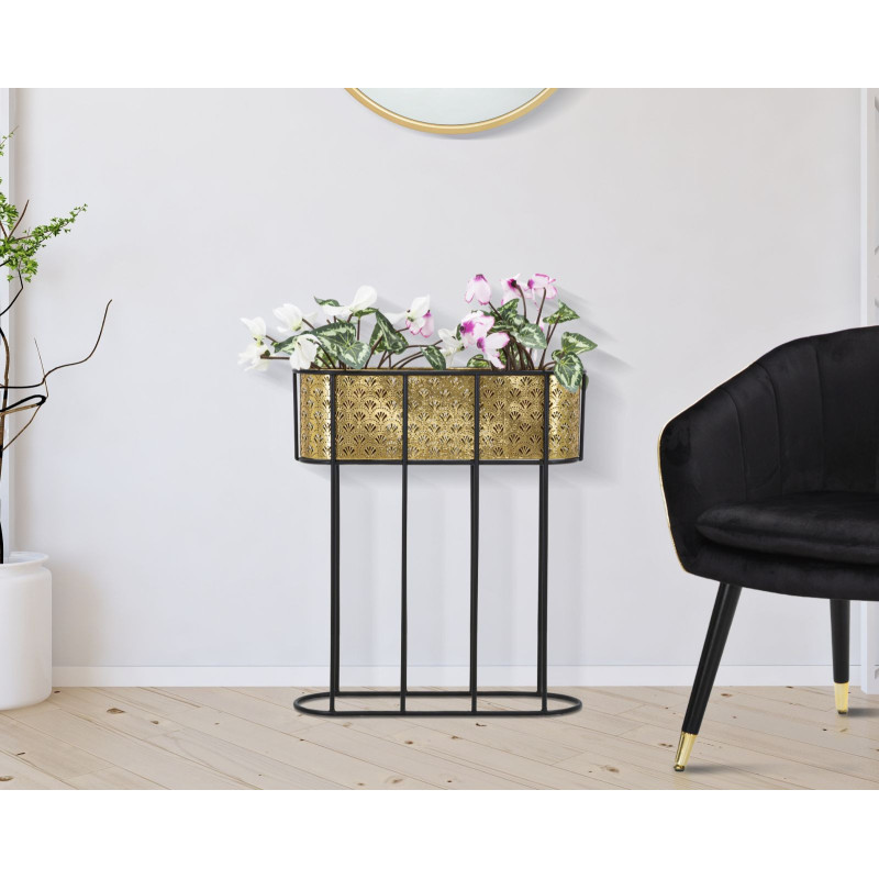 Grand cache pot jardinière sur pied moderne Ovale Hauteur 70 cm en Métal Doré Noir Elyan 