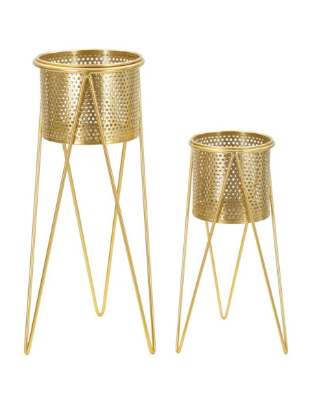 Cache pot sur pied moderne ajouré Rond en Métal Doré Glat (Lot de 2) 